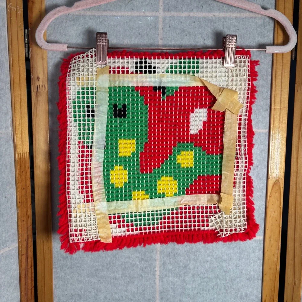 Vintage Latch Hook Wall Hanging Apple Worm‎ Green Red Yellow Kids Decor Pillow